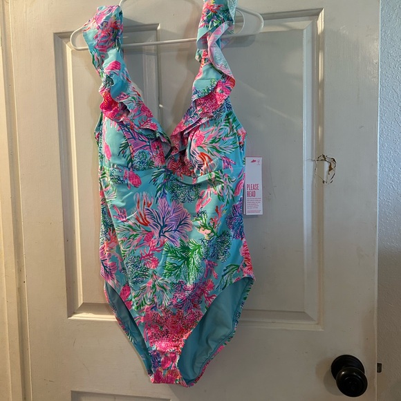 Lilly Pulitzer Other - Lilly Pulitzer Aqua One-Piece Swimsuit with Pink & Green Tropical Print